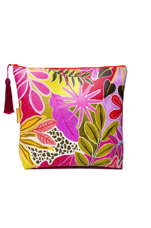 Orange tropicals vegan leather cosmetic bag