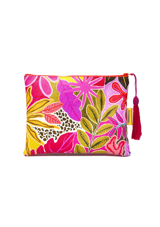 Orange tropicals vegan leather makeup bag