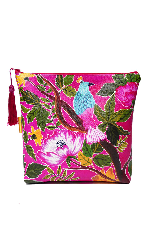 Pink bird vegan leather cosmetic bag