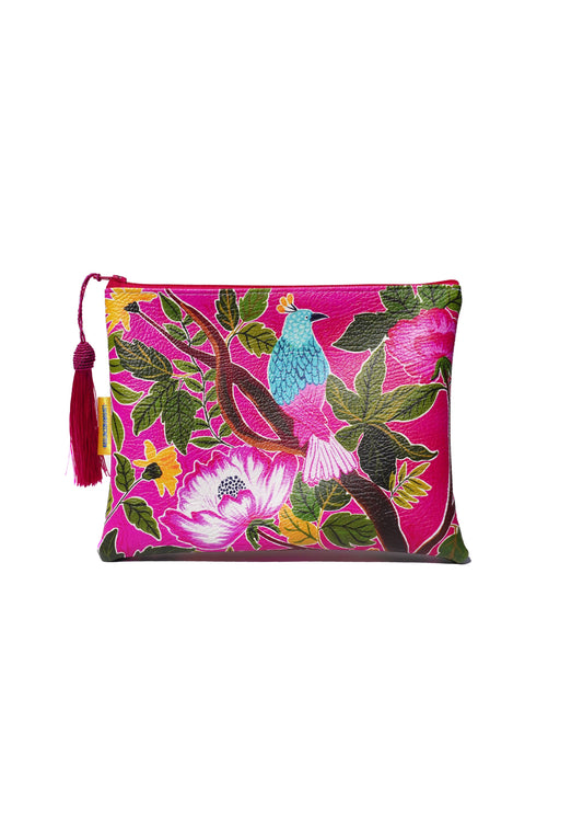 Pink bird vegan leather makeup bag