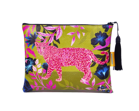 Pink leopard vegan leather makeup bag