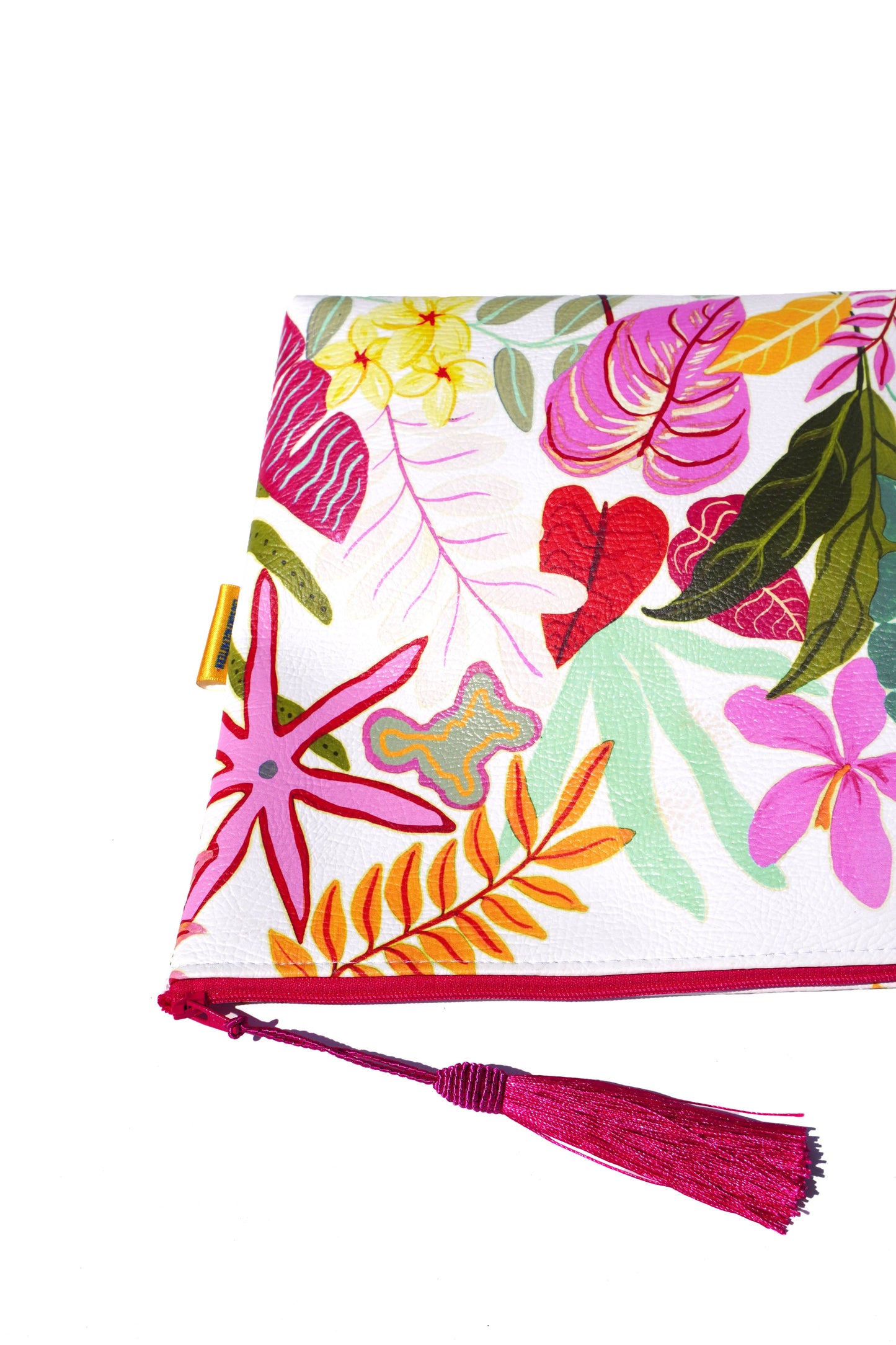 White tropical vegan leather cosmetic bag