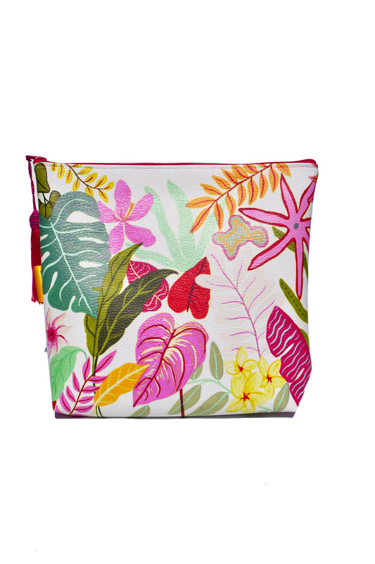 White tropical vegan leather cosmetic bag
