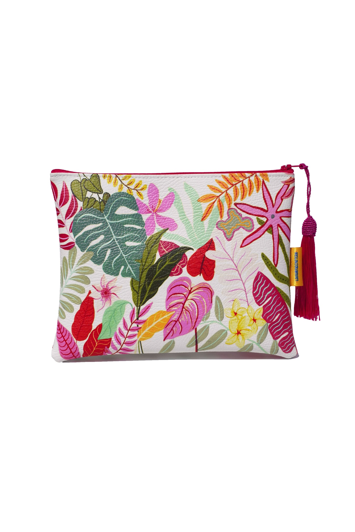 White tropicals vegan leather makeup bag