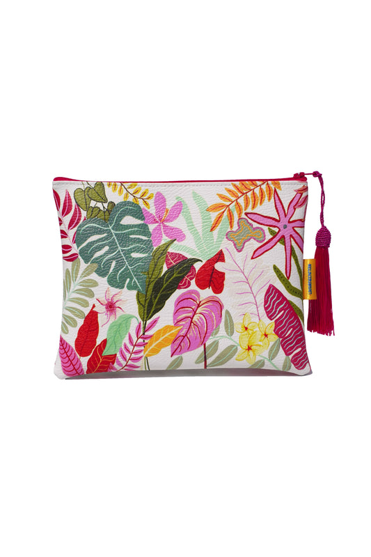 White tropicals vegan leather makeup bag