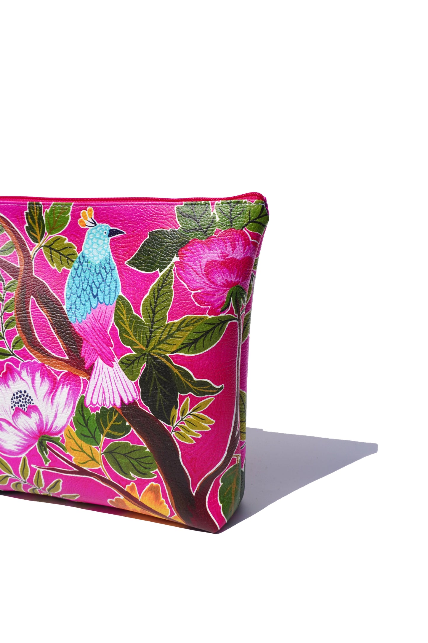 Pink bird vegan leather cosmetic bag