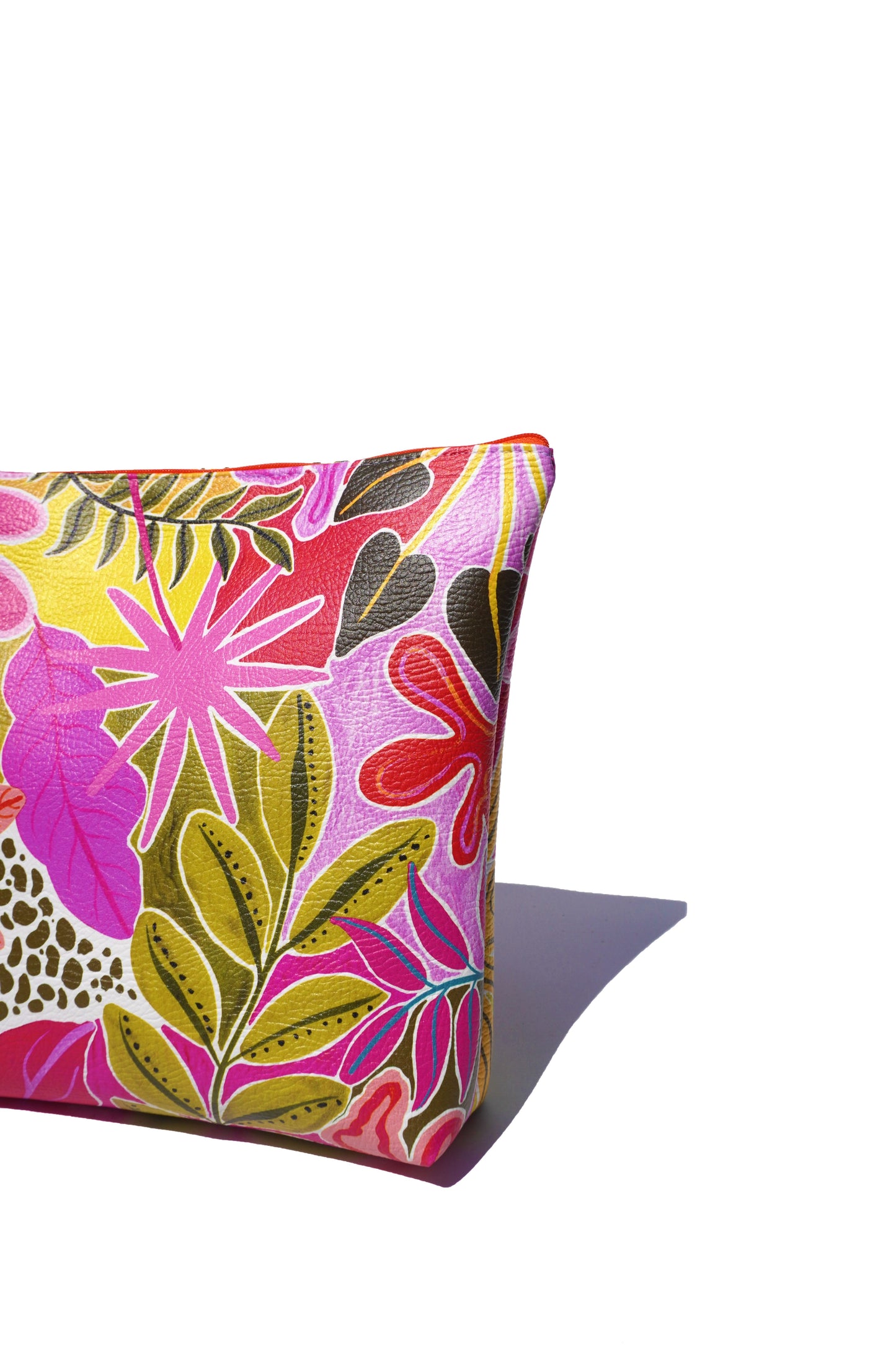 Orange tropicals vegan leather cosmetic bag