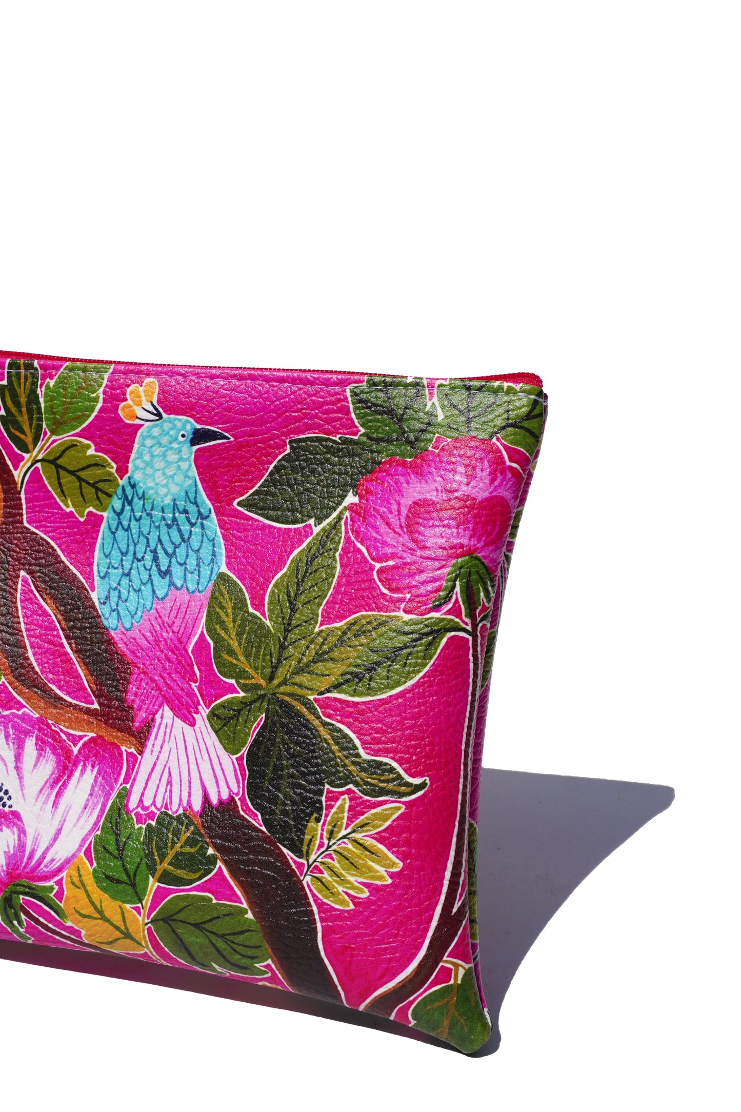Pink bird vegan leather makeup bag